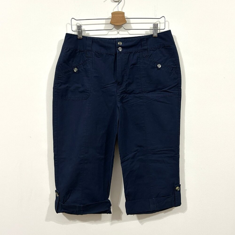 CHRISTOPHER & BANKS Capris Womens 10 Navy Cotton Linen Adjustable Length Crop